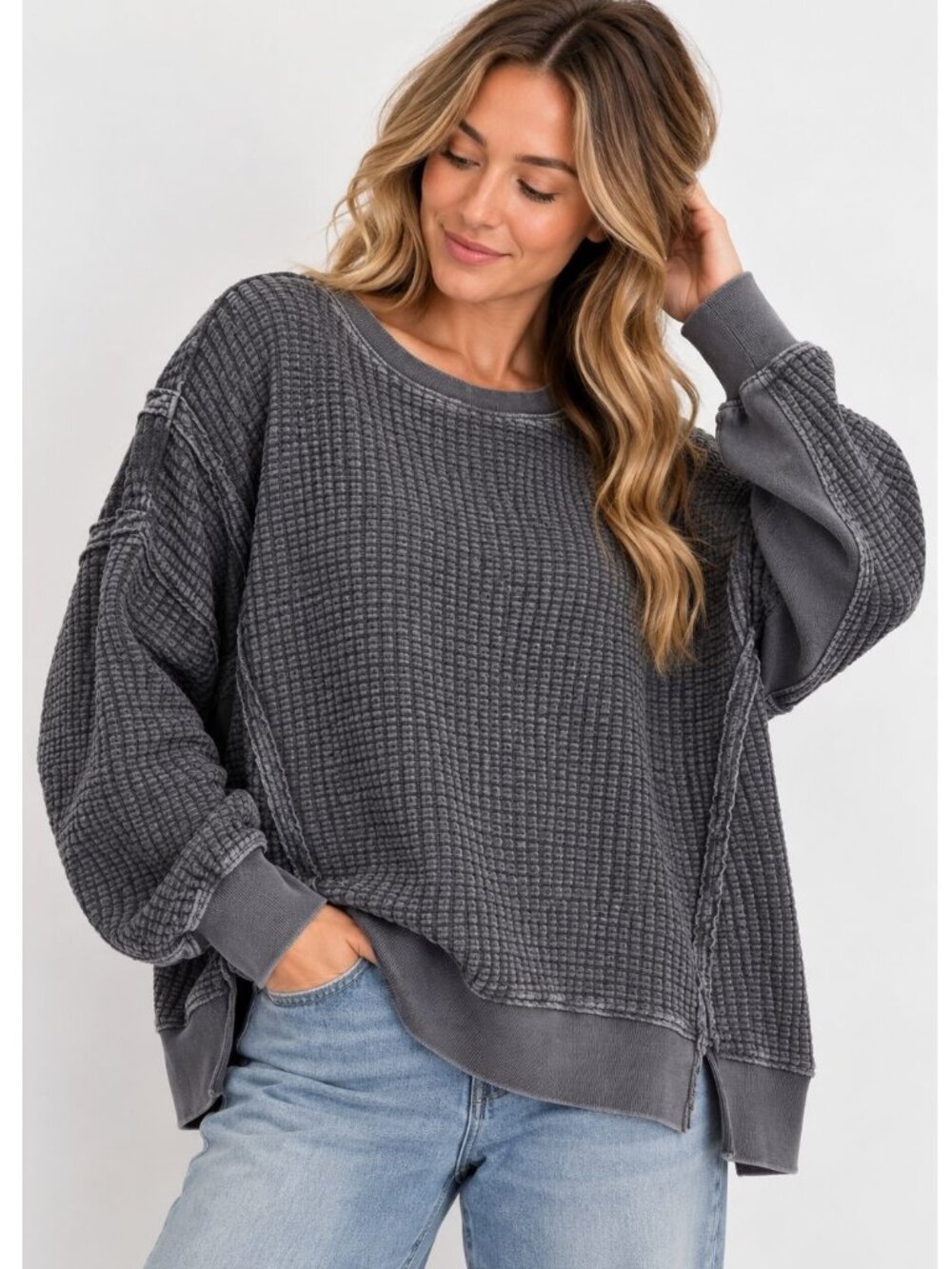 American Eagle Seriously Lived In Waffle Knit Sweatshirt Gray L